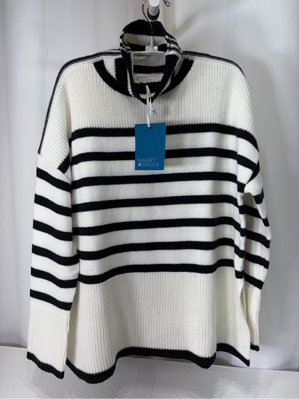 Market & Spruce Black and Cream Striped Turtleneck Sweater 4296
